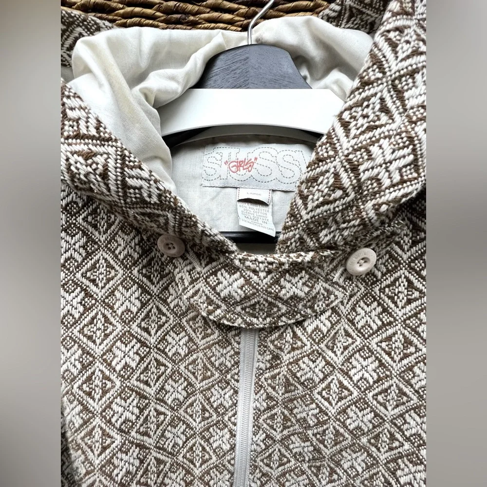 Stussy- Girls Brown and‎ Cream Geometric Jacket- Large, Some cuff discoloration